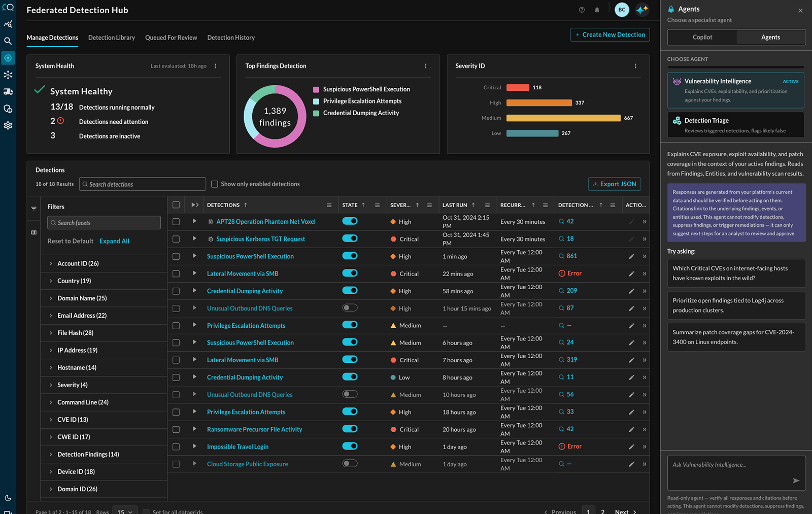 Product screen — federated security analytics